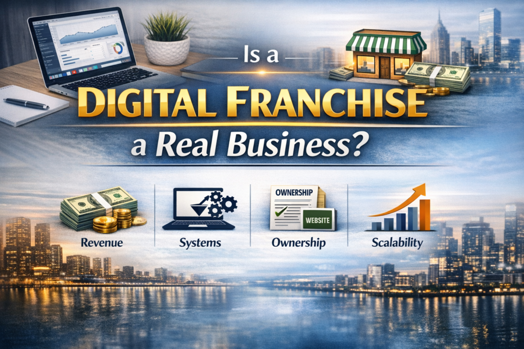 “High-authority blog header image for the article ‘Is a Digital Franchise a Real Business?’ featuring bold gold and white text over a city skyline, with icons labeled Revenue, Systems, Ownership, and Scalability below a laptop, storefront, and cash visuals.”