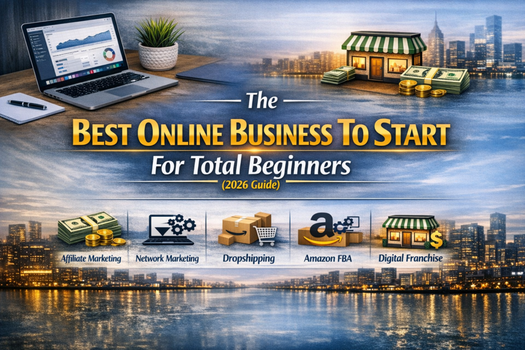 High-authority blog header image for the article ‘The Best Online Business To Start For Total Beginners (2026 Guide)’ featuring bold gold and white text over a twilight city skyline, with icons representing Affiliate Marketing, Network Marketing, Dropshipping, Amazon FBA, and Digital Franchise below a laptop, storefront, and financial visuals.
