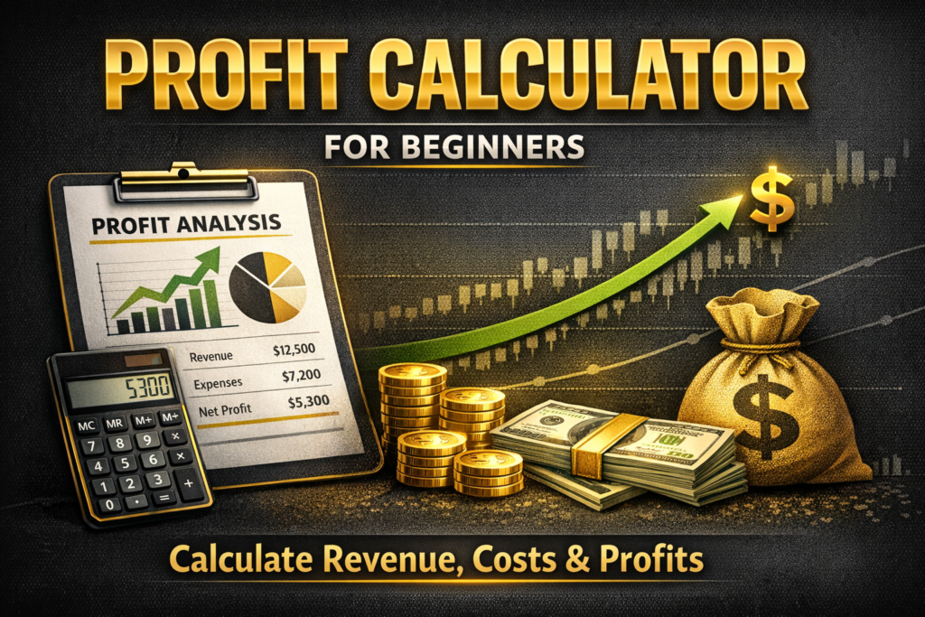 Profit Calculator for Beginners – a featured image showing a profit analysis report, calculator, rising graph with dollar sign, and stacks of cash and coins, designed to represent calculating revenue, expenses, and net profit.