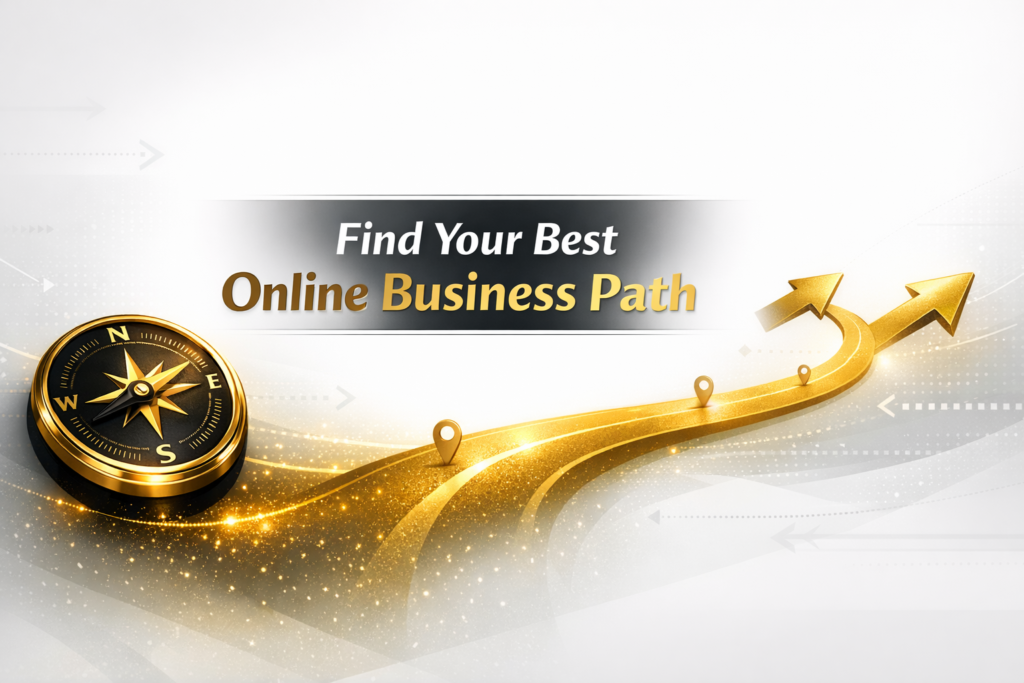 High-authority header image showing a golden compass and glowing path splitting into two arrows, symbolizing clarity and direction for choosing the best online business path.