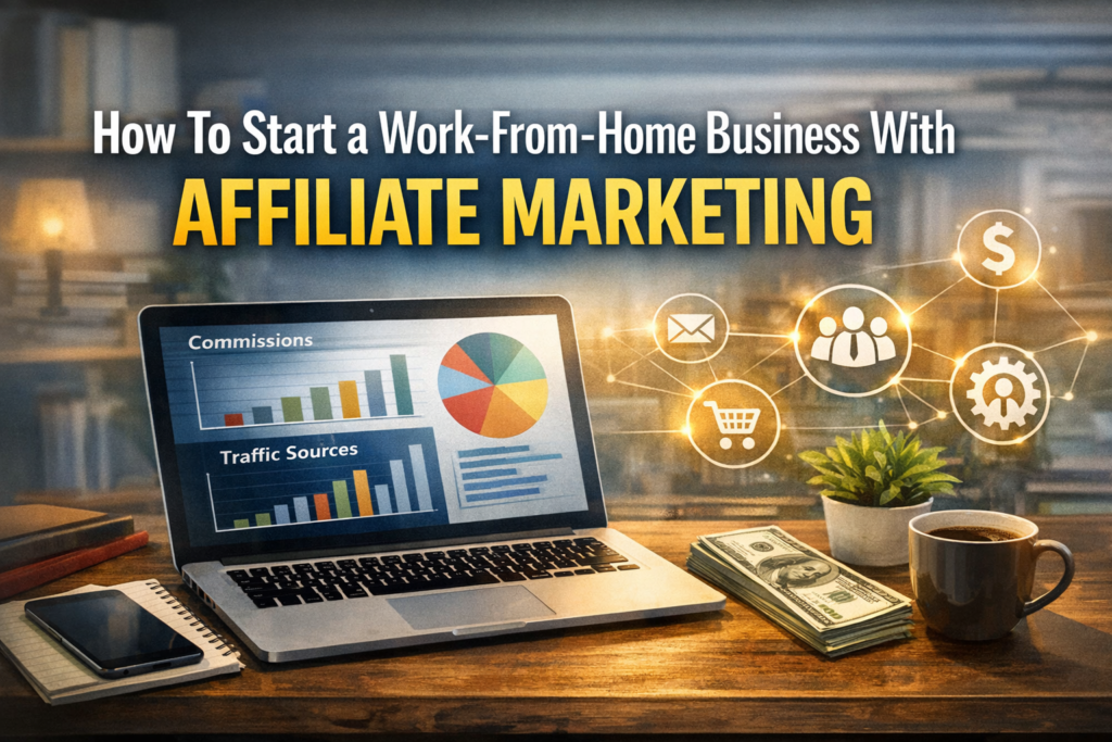 Blog header image showing a laptop with affiliate marketing charts, a stack of cash, and bold text reading “How To Start a Work‑From‑Home Business With Affiliate Marketing” — designed to promote a beginner‑friendly 90‑day blueprint.