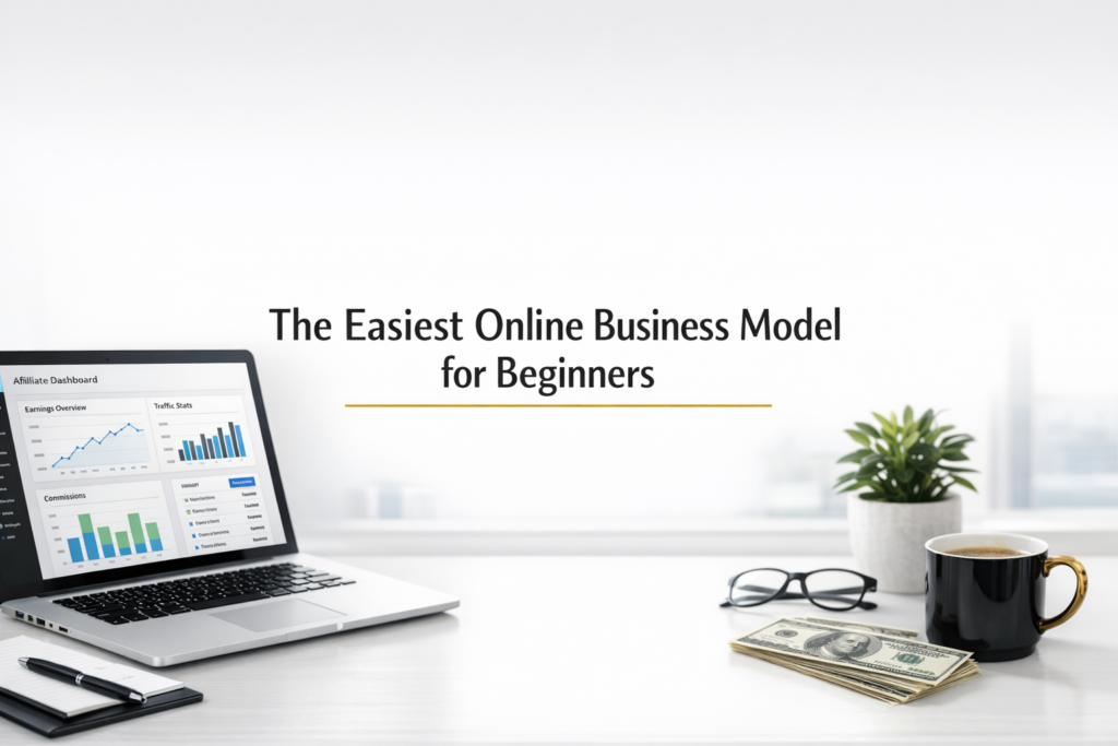 Professional blog header image titled “The Easiest Online Business Model for Beginners,” featuring a laptop with affiliate dashboard, smartphone, cash stack, eyeglasses, and coffee mug on a clean white desk with gold accent line.