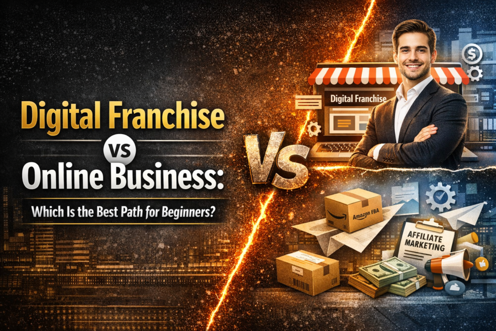 Header image comparing Digital Franchise and Online Business Opportunities with bold “VS” in the center, icons of money, storefronts, and laptops on both sides, and the question “What’s the Best Path for Beginners?” displayed across the bottom.