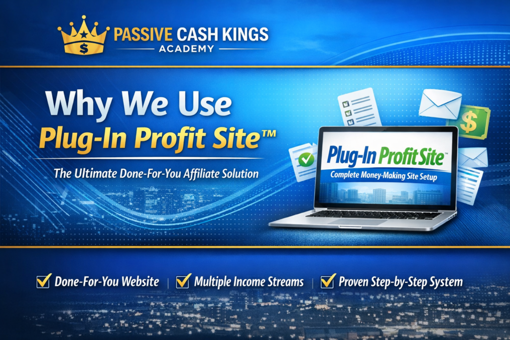 Promotional graphic for Passive Cash Kings Academy highlighting Plug-In Profit Site as the ultimate done-for-you affiliate solution, featuring bold headline, laptop with PIPS logo, and checklist of beginner benefits.