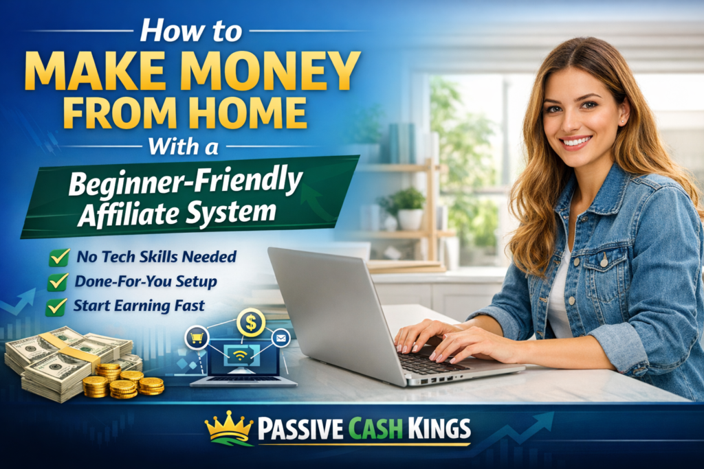 Promotional banner for “How to Make Money From Home With a Beginner-Friendly Affiliate System,” featuring a smiling woman using a laptop, icons for commissions and autopilot profits, and bold text highlighting done-for-you website, automated emails, and multiple income streams.
