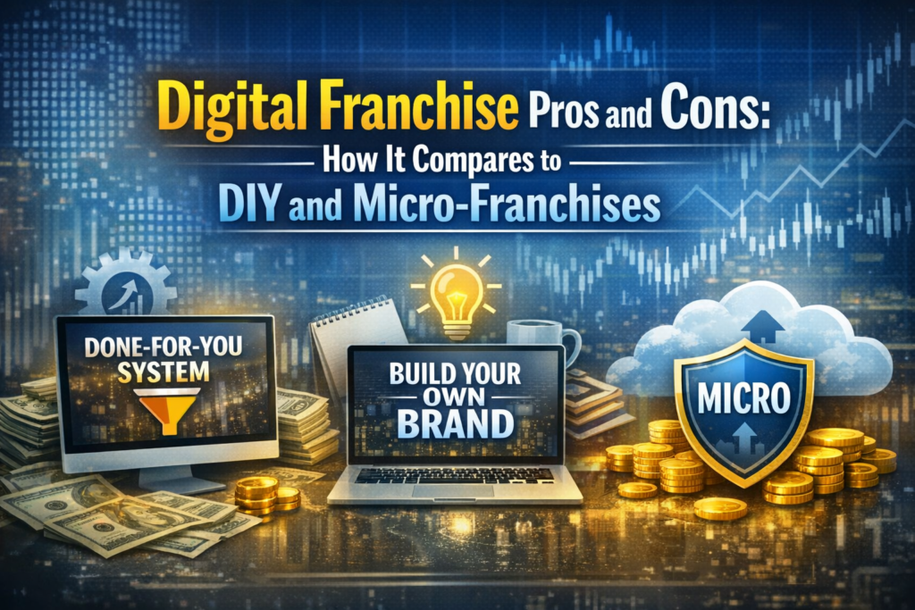 Digital Franchise Pros and Cons blog header image showing three online business models: a Done‑For‑You system with funnel and money icons, a DIY laptop with brand‑building tools, and a Micro‑Franchise shield with cloud backup symbols. Title text highlights comparison between digital franchise, DIY, and micro‑franchise paths.