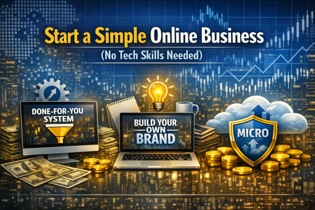 Blog header image for ‘Start a Simple Online Business (No Tech Skills Needed)’ featuring three beginner‑friendly models: a Done‑For‑You system with funnel and money icons, a DIY laptop with brand‑building tools, and a Micro‑Franchise shield with cloud upload symbols. Headline text is centered above a digital cityscape background with financial charts and glowing lights.