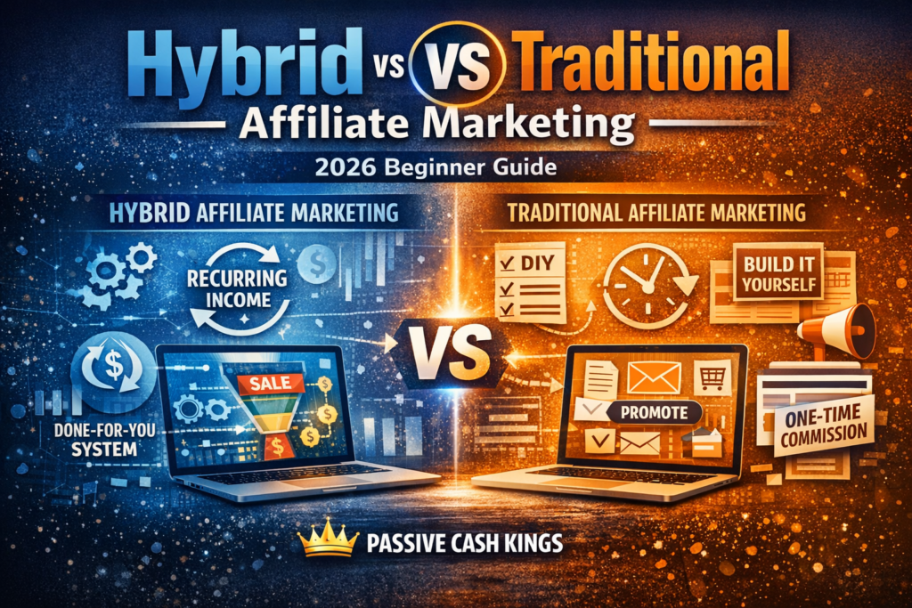High‑authority blog header comparing Hybrid Affiliate Marketing and Traditional Affiliate Marketing for beginners in 2026, featuring contrasting visuals of automation vs manual setup and Passive Cash Kings branding.