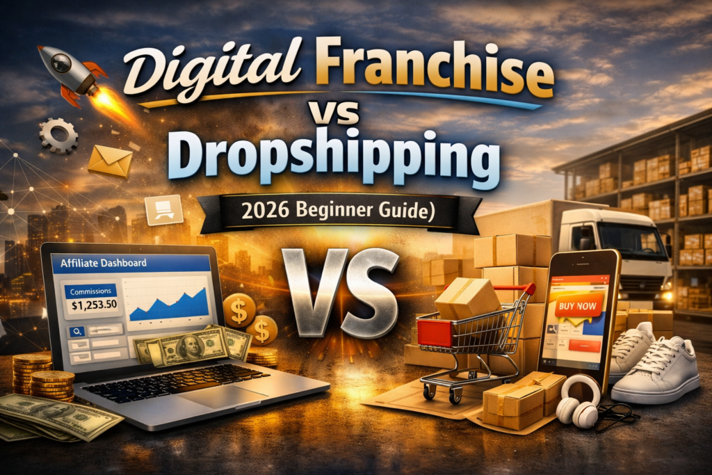 Realistic blog header showing a split design with “Digital Franchise” on the left featuring a laptop displaying an affiliate dashboard and rising earnings, and “Dropshipping” on the right with a shopping cart, cardboard boxes, and a smartphone showing an online store. A large metallic “VS” appears in the center with “2026 Beginner Guide” below, symbolizing the comparison between two online business models.