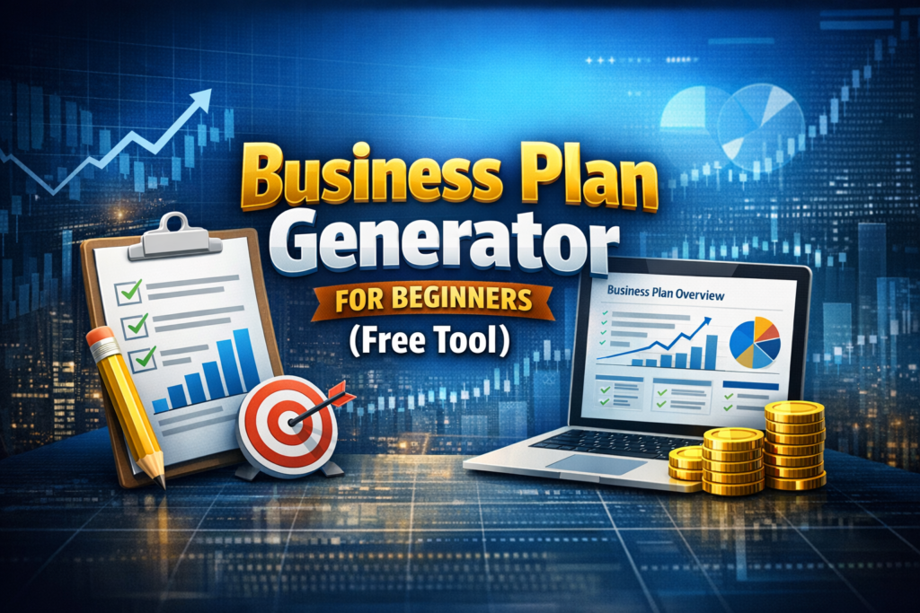 Business Plan Generator for Beginners – a free tool interface showing simple guided inputs, step‑by‑step planning fields, and a generated business plan summary designed to help beginners create a clear online business plan.”
