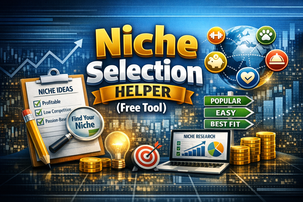 Niche Selection Helper for Beginners – a free guided quiz interface showing interest inputs, skill options, content preferences, and personalized niche recommendations designed to help beginners choose the right niche.