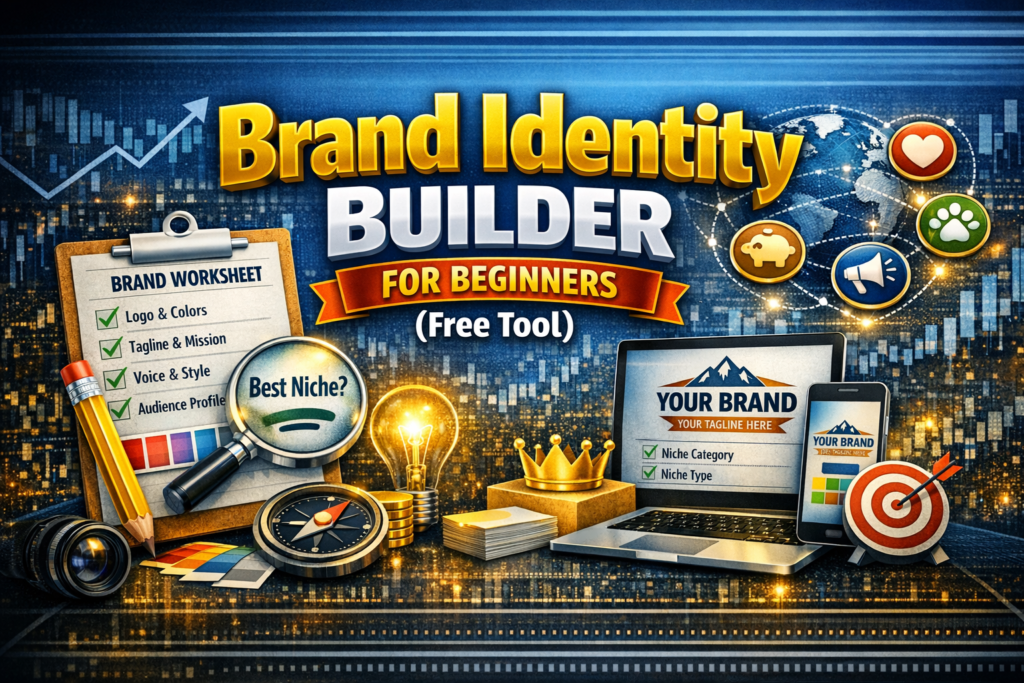 Business Identity Builder for Beginners – a free branding tool interface showing business name ideas, taglines, color palettes, brand voice options, and positioning elements designed to help beginners create a complete brand identity.