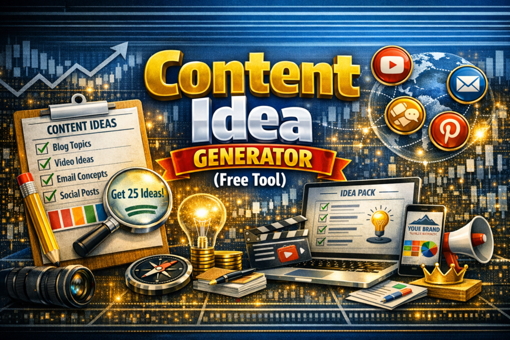 Content Idea Generator for Beginners – a free tool interface showing niche inputs, content style options, and a list of generated content ideas designed to help beginners create simple, high‑quality content.