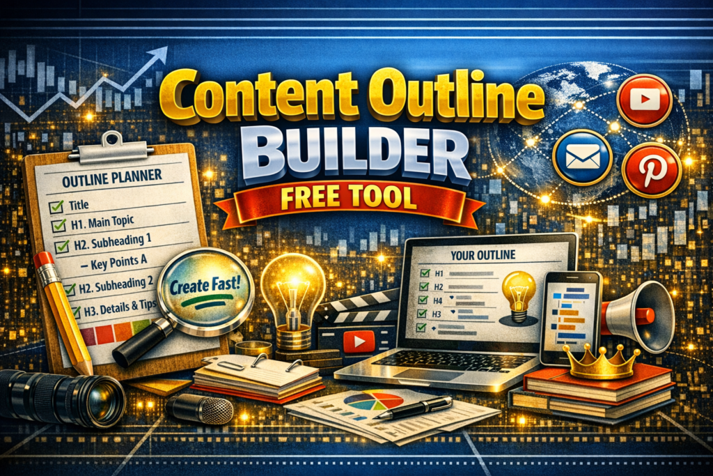 Content Outline Builder for Beginners – a free tool interface showing topic inputs, content style options, and a structured outline preview designed to help beginners create clear, organized content outlines.