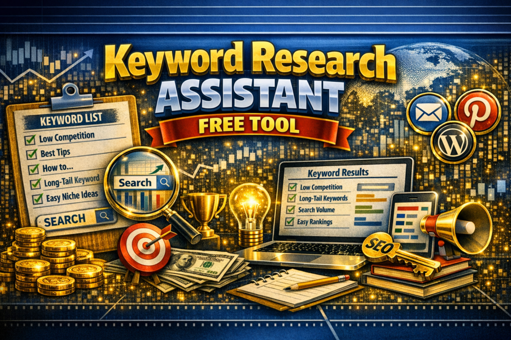 “Keyword Research Assistant for Beginners – a free tool interface showing keyword suggestions, search intent categories, and long‑tail keyword ideas designed to help beginners find simple, low‑competition keywords.”