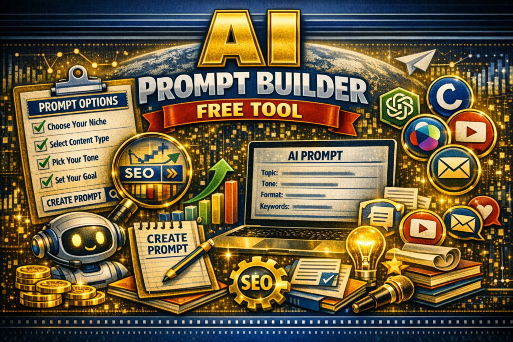 AI Prompt Builder for Beginners – a free tool interface showing prompt fields, customization options, and generated AI prompts designed to help beginners create effective prompts for any task.