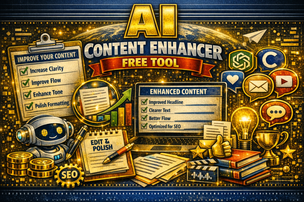 AI Content Enhancer for Beginners – a free tool interface showing content inputs, tone options, clarity improvements, and enhanced text output designed to help beginners improve their writing quickly.