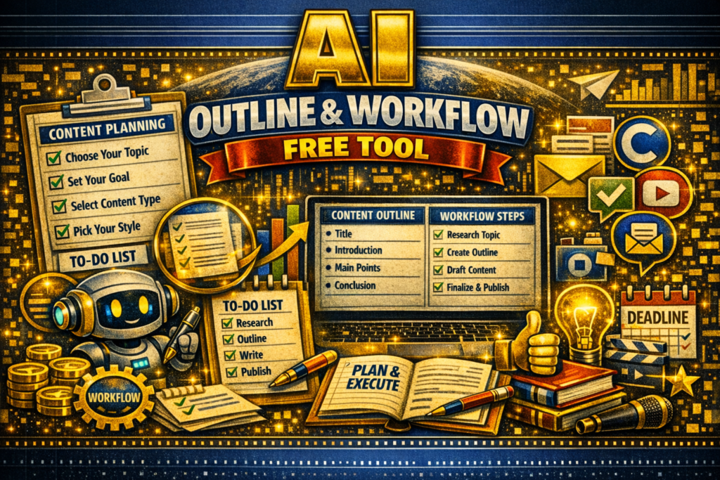  AI Outline and Workflow Assistant for Beginners – a free tool interface showing workflow steps, outline sections, task breakdowns, and guided content structure designed to help beginners plan and organize their work.