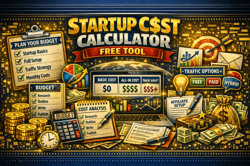 Startup Cost Calculator for Beginners – a free tool interface showing expense fields, cost categories, and total startup cost calculations designed to help beginners estimate business expenses.