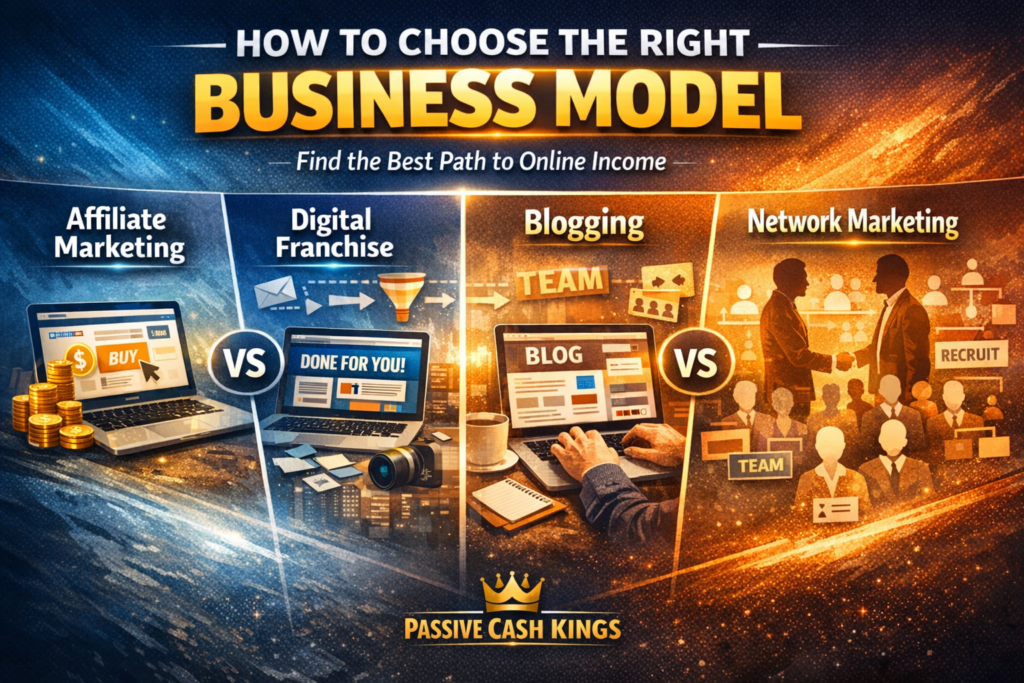 “High‑authority blog header for Passive Cash Kings article titled ‘How to Choose the Right Business Model,’ featuring four panels comparing Affiliate Marketing, Digital Franchise, Blogging, and Network Marketing with glowing VS icons, blue‑orange gradient background, and Passive Cash Kings logo.”