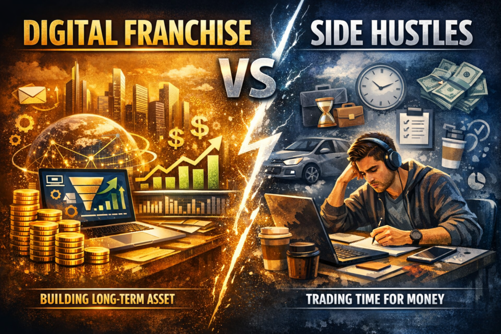 High‑authority blog header comparing Digital Franchises and Side Hustles. The left side shows a golden city skyline, coins, and a laptop with growth charts representing long‑term digital assets and automation. The right side shows a stressed man at a cluttered desk symbolizing gig work and trading time for money. A lightning bolt divides the two sides with the headline ‘Digital Franchise vs Side Hustles.