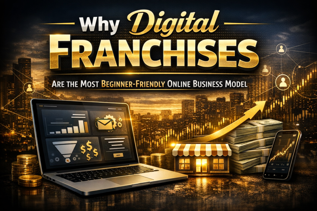 High‑authority blog header image showing a laptop with digital dashboards, gold coins, and a glowing storefront symbolizing online business automation and success. Text reads ‘Why Digital Franchises — Are the Most Beginner‑Friendly Online Business Model’ against a dark cityscape background with gold accents.