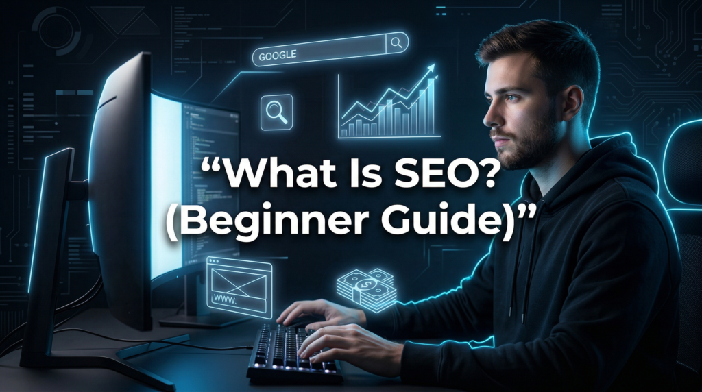 A realistic person working at a computer in a dark tech‑style environment with neon blue accents, surrounded by floating holographic SEO icons including a search bar, magnifying glass, analytics graph, website window, and money symbols, with bold white text reading “What Is SEO? (Beginner Guide)”.