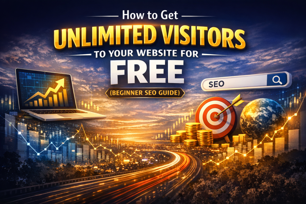 High‑authority blog header image for article titled ‘How to Get Unlimited Visitors to Your Website for Free (Beginner SEO Guide)’ featuring bold golden text, upward growth graph on laptop, SEO search bar, target with arrow, gold coins, and glowing city background symbolizing website traffic growth and success.