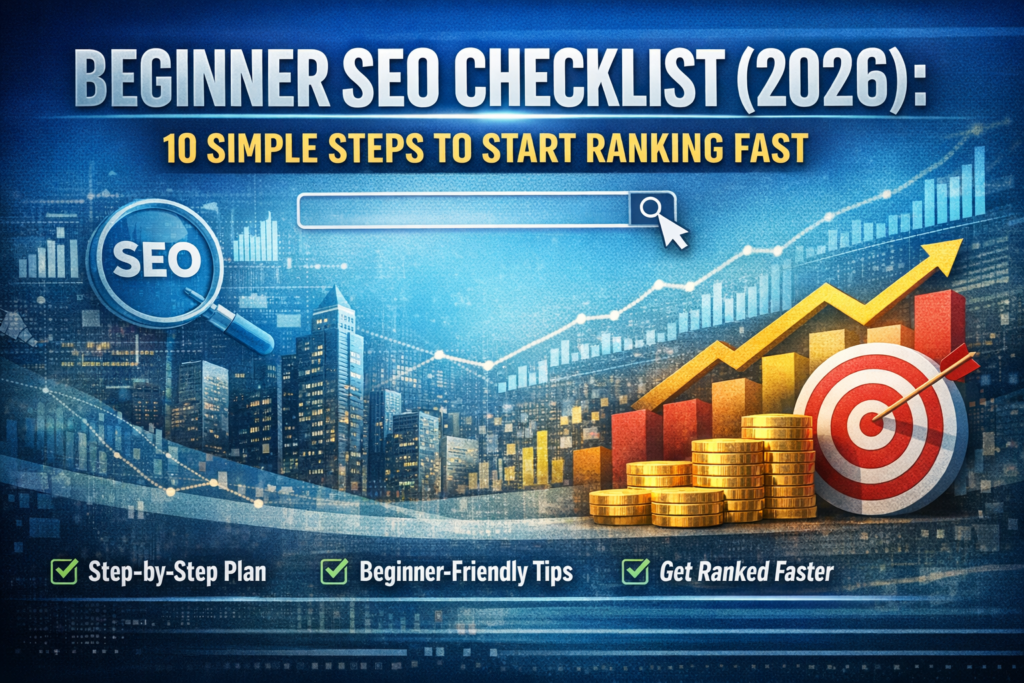 High‑authority blog header image for Beginner SEO Checklist (2026) featuring bold title text, digital cityscape background, SEO icons, upward growth chart, and target symbol representing ranking success.