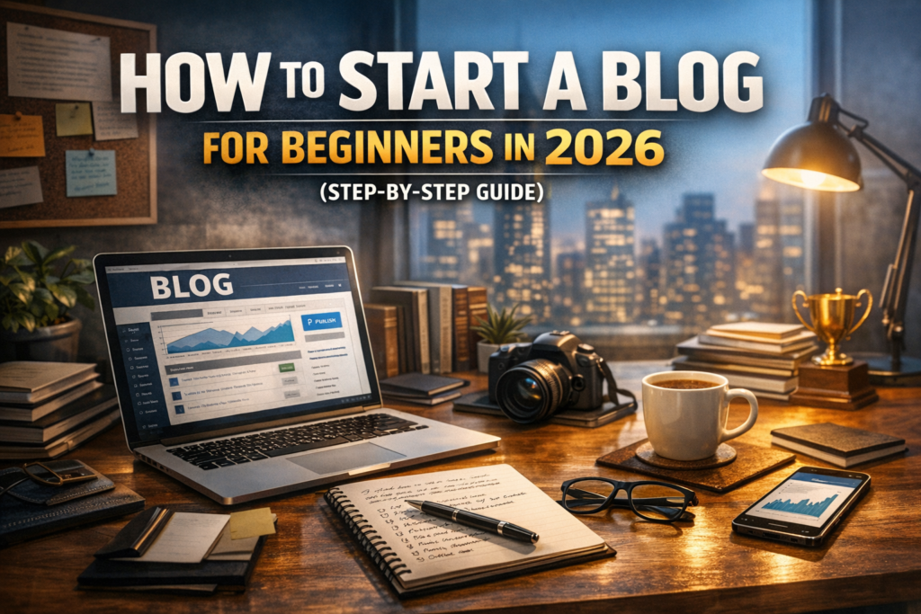 Professional workspace with laptop showing blog dashboard, notebook, camera, and smartphone on a wooden desk overlooking a city skyline at night, with bold text reading ‘How to Start a Blog for Beginners in 2026 (Step‑by‑Step Guide)’ — realistic high‑authority blog header design.