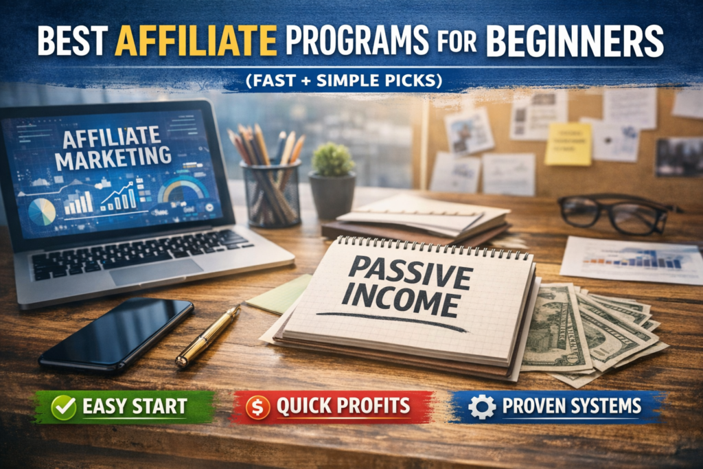 “High‑authority blog header image showing a laptop with an affiliate marketing dashboard, a notepad labeled ‘Passive Income,’ and workspace items like a smartphone, gold pen, and dollar bills. Text overlay reads ‘Best Affiliate Programs for Beginners (Fast + Simple Picks)’ with icons for Easy Start, Quick Profits, and Proven Systems — representing a professional, realistic affiliate marketing workspace.”