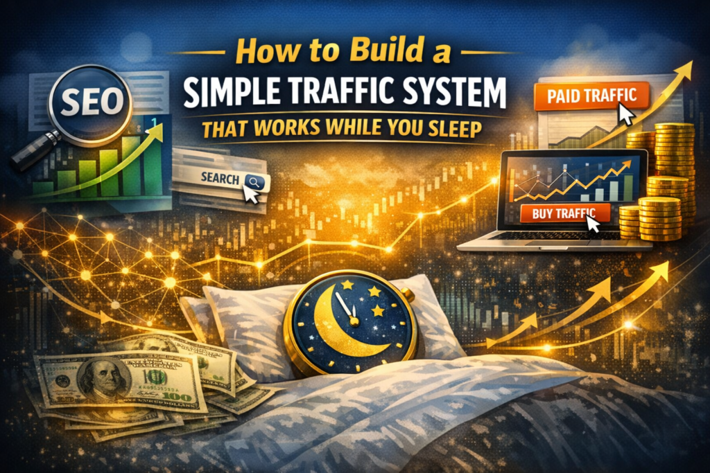 High‑authority blog header image showing SEO, paid traffic, and passive income visuals with the title “How to Build a Simple Traffic System That Works While You Sleep.”