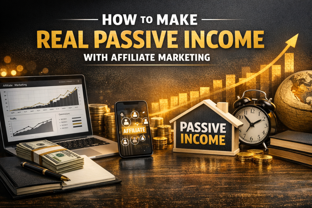 High‑authority blog header image for ‘How to Make Real Passive Income With Affiliate Marketing,’ featuring a laptop with rising earnings charts, smartphone showing affiliate connections, cash stack, house‑shaped passive income sign, gold coins, and upward arrow graphics on a black and gold background symbolizing growth and financial success.