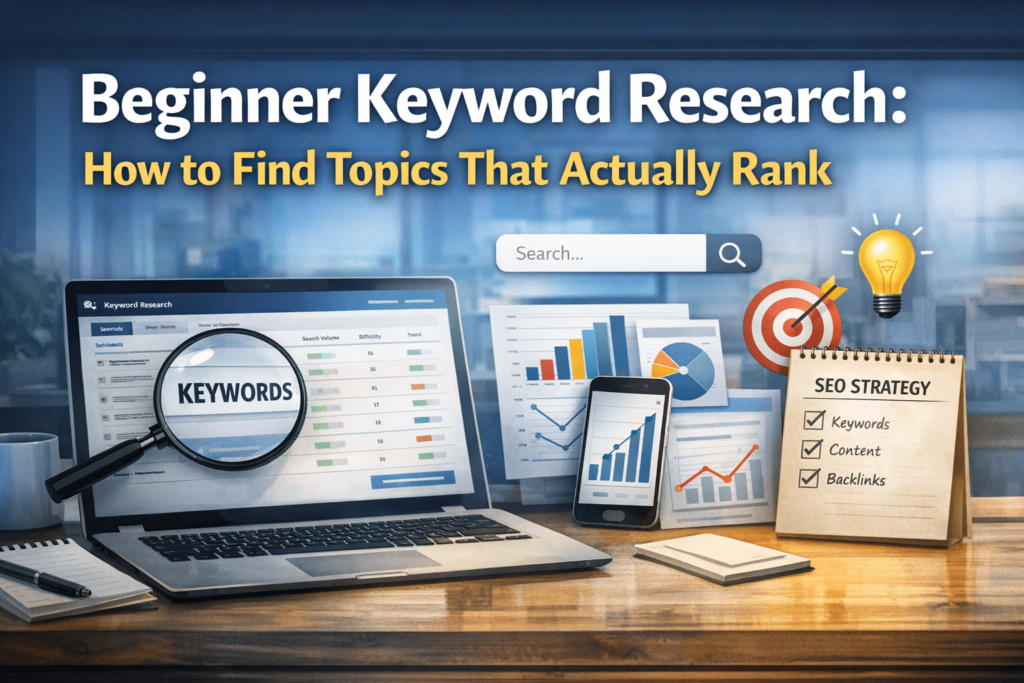 High‑authority blog header image showing a laptop with keyword research data, magnifying glass highlighting the word ‘KEYWORDS,’ charts and graphs representing SEO growth, and the title ‘Beginner Keyword Research: How to Find Topics That Actually Rank’ in bold white and yellow text.