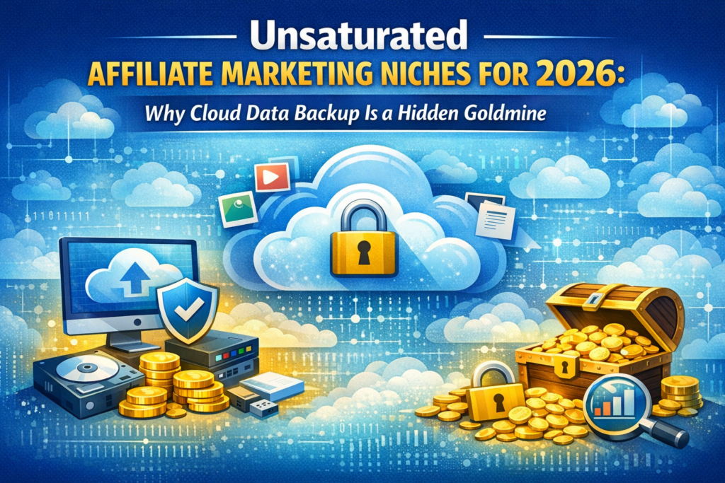 High‑authority blog header image for the article ‘Unsaturated Affiliate Marketing Niches for 2026: Why Cloud Data Backup Is a Hidden Goldmine,’ featuring cloud storage icons, a secure padlock, gold coins, and digital data graphics on a blue background symbolizing protection and profitability.