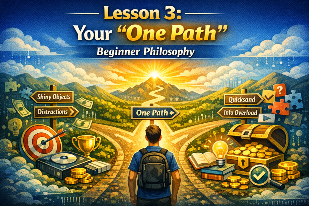 Course header image for Lesson 3: Your ‘One Path’ Beginner Philosophy, showing a single illuminated path leading forward, symbolizing clarity, focus, and a simplified beginner journey.