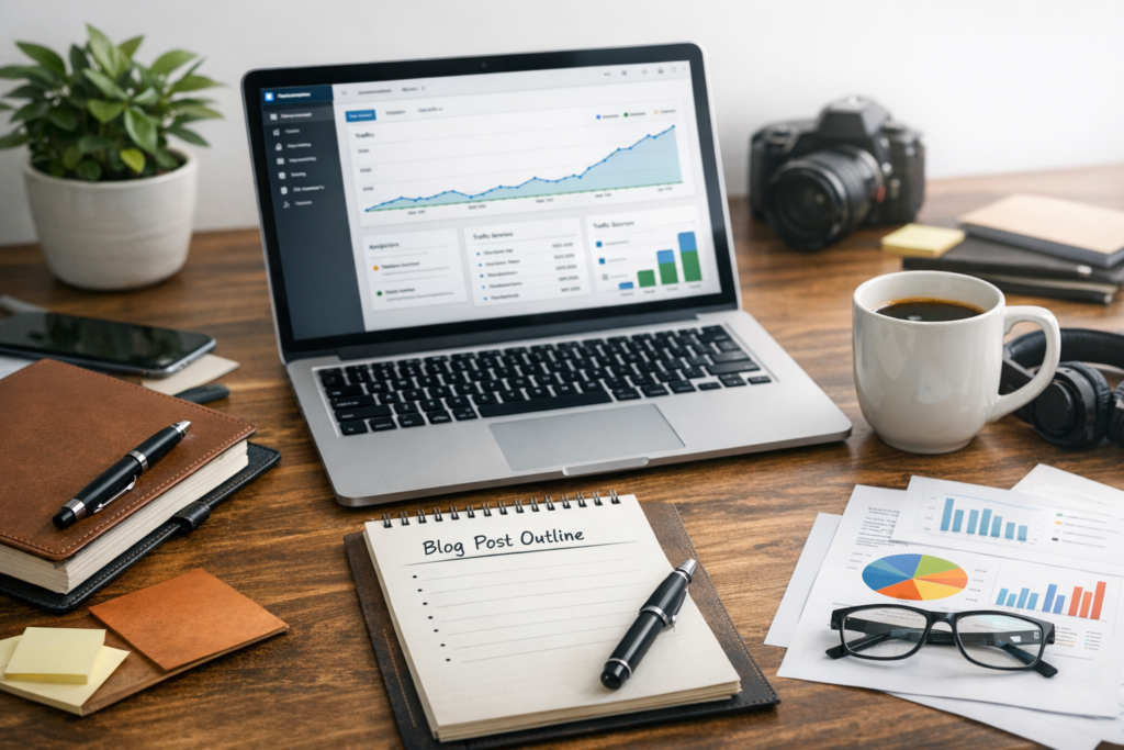 A realistic high‑authority workspace featuring an open laptop displaying website analytics, a notebook labeled “Blog Post Outline,” coffee mug, smartphone, and charts on a wooden desk — symbolizing professional blogging and content creation.