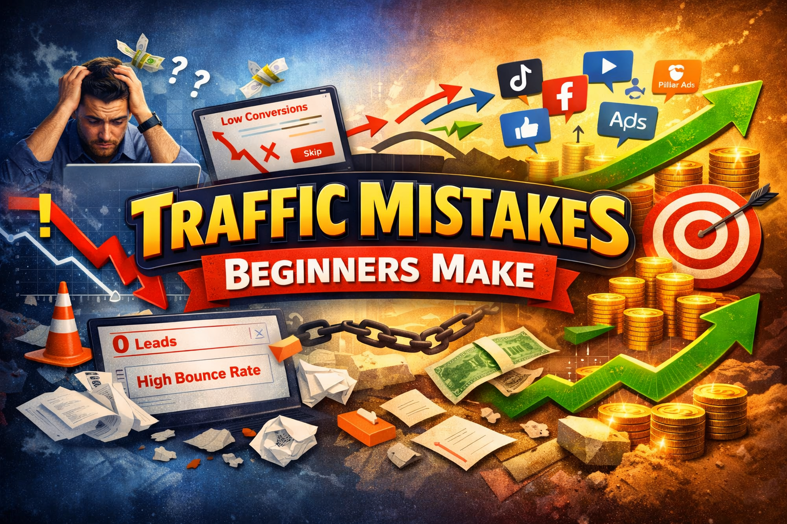 High‑authority blog header image showing “Traffic Mistakes Beginners Make” with a frustrated man at a laptop, downward red arrows, flying dollar bills, and a glowing traffic cluster diagram symbolizing beginner SEO errors and growth strategy.
