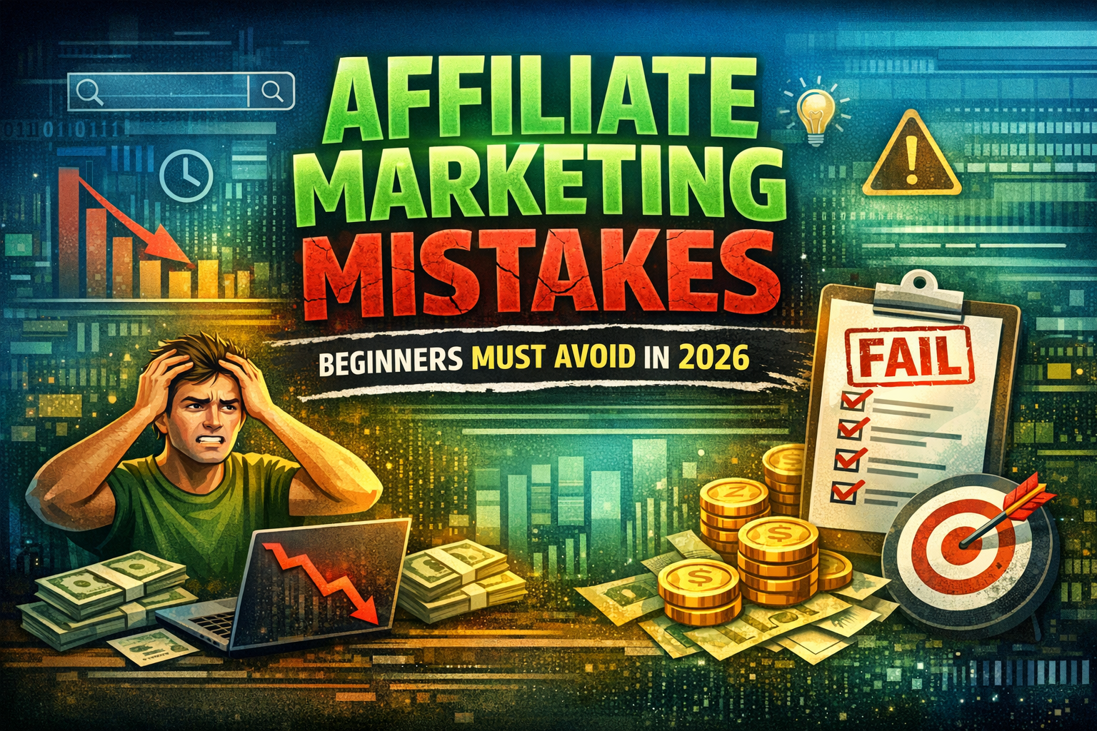 High‑authority blog header image showing a stressed beginner affiliate marketer beside a laptop with a downward red arrow graph, stacks of money, and a clipboard stamped “FAIL.” The bold title reads “Affiliate Marketing Mistakes Beginners Must Avoid in 2026” in bright green and red 3D text, set against a futuristic digital background with charts, warning icons, and city lights.