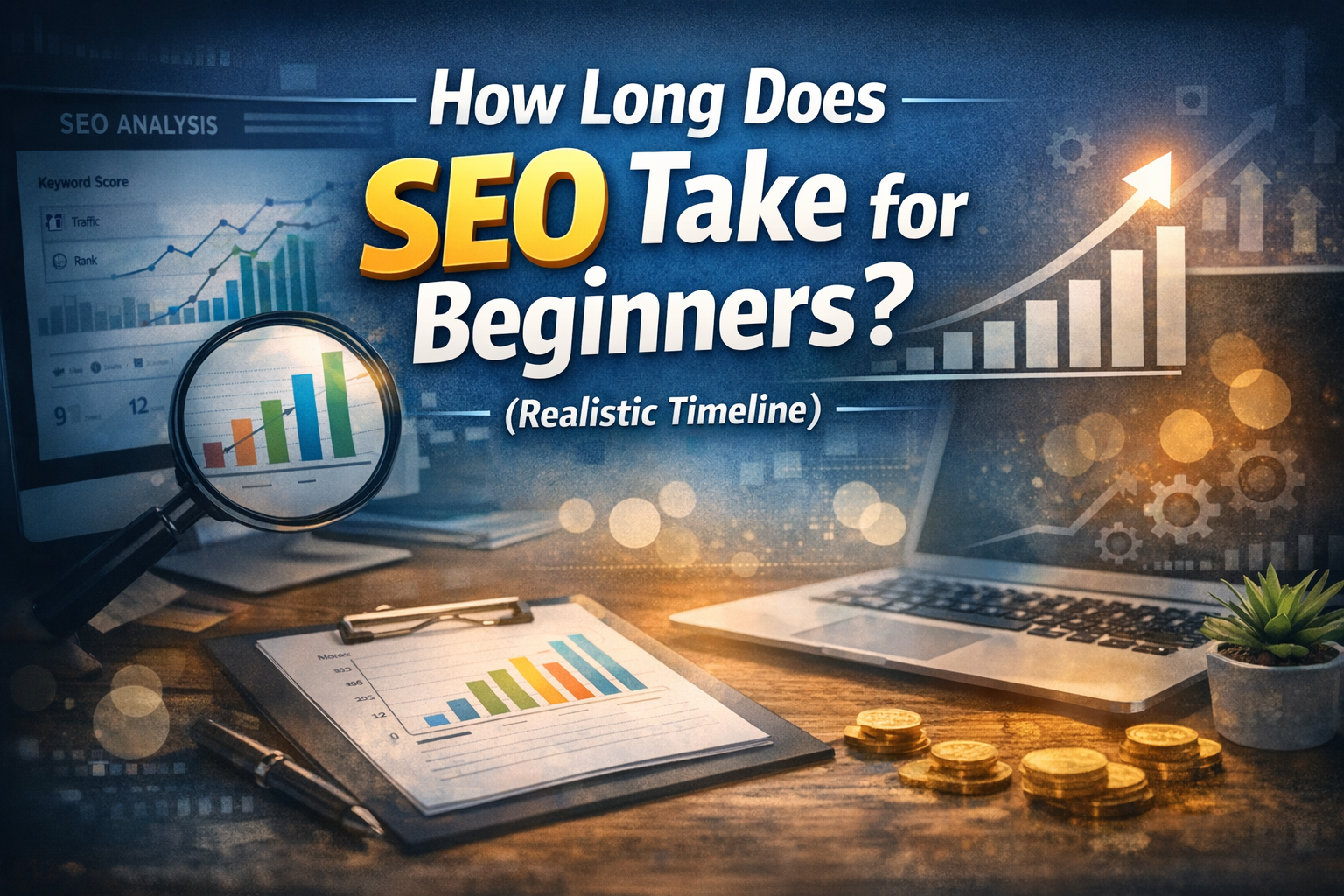 High‑authority blog header image showing the title “How Long Does SEO Take for Beginners? (Realistic Timeline)” in bold white and yellow text centered over a professional workspace. A magnifying glass highlights a rising bar graph on a clipboard beside a laptop displaying an SEO dashboard with upward‑trending analytics. Gold coins, a pen, and a small plant sit on the desk, symbolizing growth and success. Blue and gold tones convey trust, authority, and momentum.