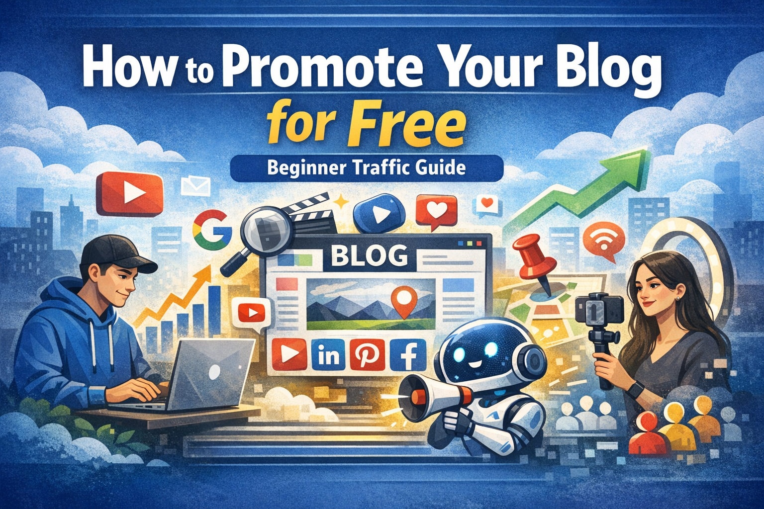 Realistic high‑authority blog header showing a man working on a laptop, a woman filming content, and digital icons for SEO, YouTube, Pinterest, and AI — representing free blog promotion strategies for beginners.