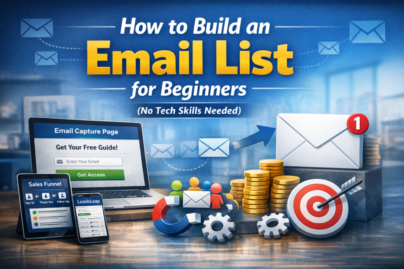 Realistic high‑authority blog header showing a laptop with an email capture page, a smartphone displaying LeadsLeap, and an envelope with a notification badge beside a target and gold coins — representing beginner email list building and sales funnels without tech skills.