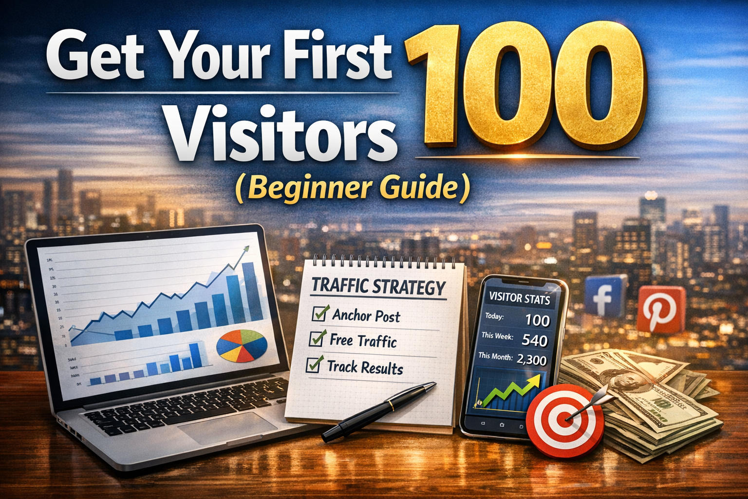 Realistic blog header image showing laptop with traffic analytics, notepad labeled ‘Traffic Strategy’ checklist, smartphone displaying visitor stats, and bold text ‘Get Your First 100 Visitors (Beginner Guide)’ over a cityscape background — symbolizing beginner website growth and online marketing success.