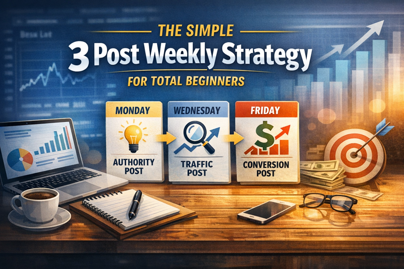 A realistic blog header showing the title “The Simple 3 Post Weekly Strategy for Total Beginners” with a laptop, charts, and three cards labeled Monday (Authority Post), Wednesday (Traffic Post), and Friday (Conversion Post) symbolizing a beginner content system.