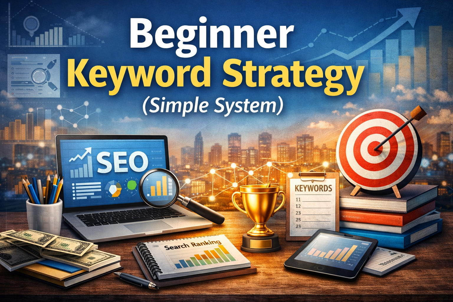 Realistic blog header image showing a laptop with SEO analytics, a target with an arrow, trophy, and keyword tools on a desk under the title “Beginner Keyword Strategy (Simple System)” — symbolizing growth, ranking, and authority in keyword research.