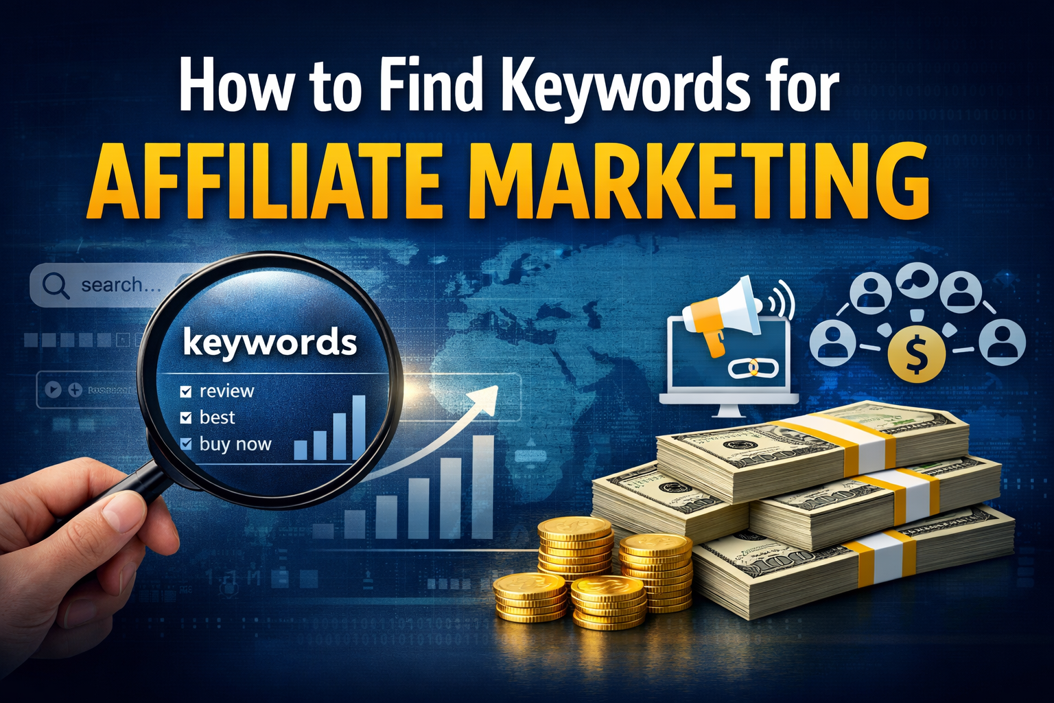 High‑authority blog header image showing magnifying glass focusing on the word ‘keywords’ beside bar graphs, money stacks, and affiliate marketing icons under the title ‘How to Find Keywords for Affiliate Marketing’ on a dark blue digital background.