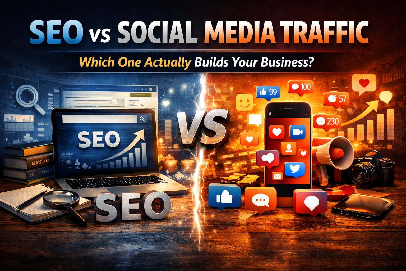 Realistic blog header image showing a split design between SEO and social media traffic. The left side features a laptop with SEO analytics and upward graphs, while the right side displays a smartphone with social media icons and engagement notifications. The center shows a metallic “VS” symbol separating both sides, representing the comparison between SEO and social media strategies.