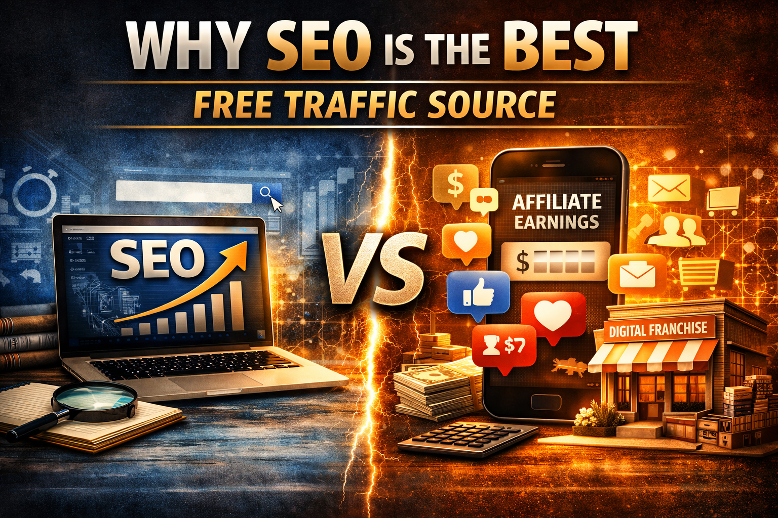 Realistic blog header image showing a split design between SEO and affiliate marketing. The left side features a laptop with SEO analytics and upward graphs, while the right side displays a smartphone with affiliate earnings and digital franchise icons. A lightning bolt divides the two halves, symbolizing the connection between SEO and the Digital Franchise™ Hybrid Affiliate Model.
