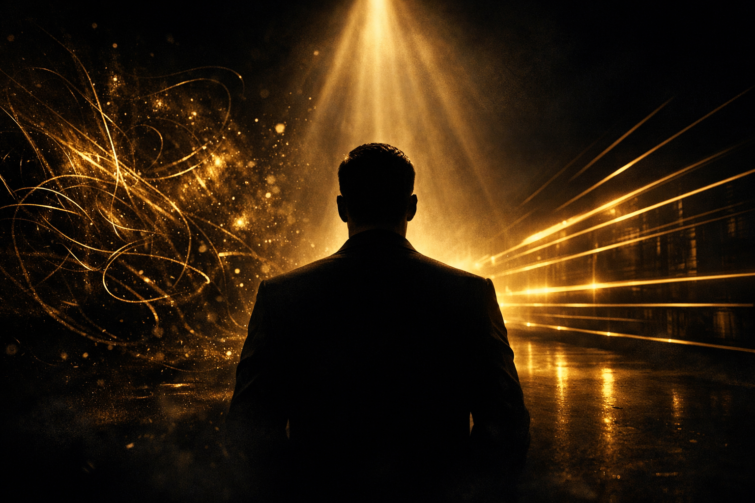 Cinematic black and gold image showing a calm, focused silhouette of a man centered between chaos and clarity. On the left, swirling golden lines represent overwhelm and confusion; on the right, clean golden beams symbolize clarity and focus. A soft golden light shines down from above, creating a halo effect that conveys calm authority and mental strength against a dark background.