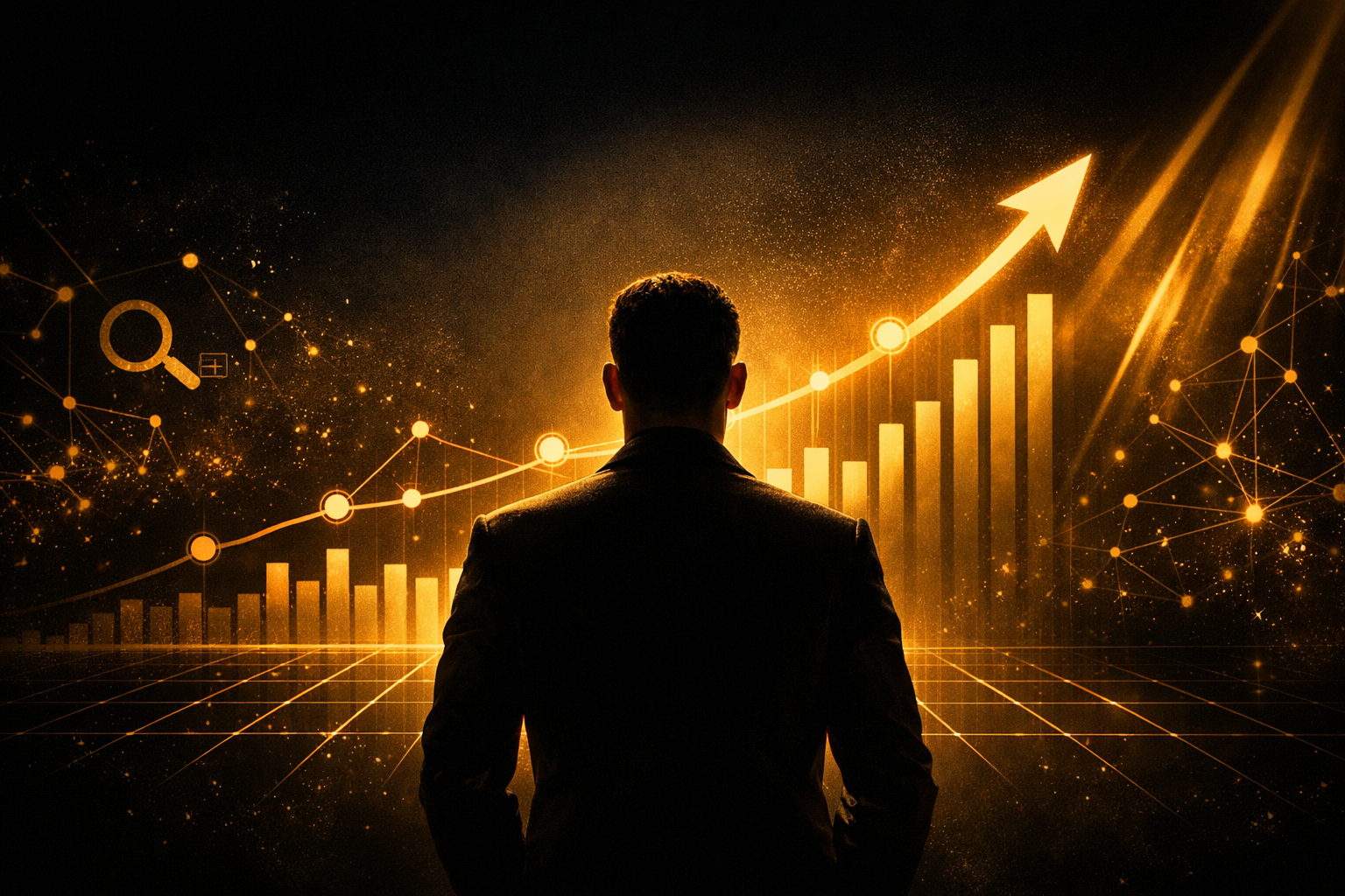 Cinematic black‑and‑gold image showing a confident silhouette facing upward‑rising golden graph lines that symbolize SEO growth, clarity, and momentum.
